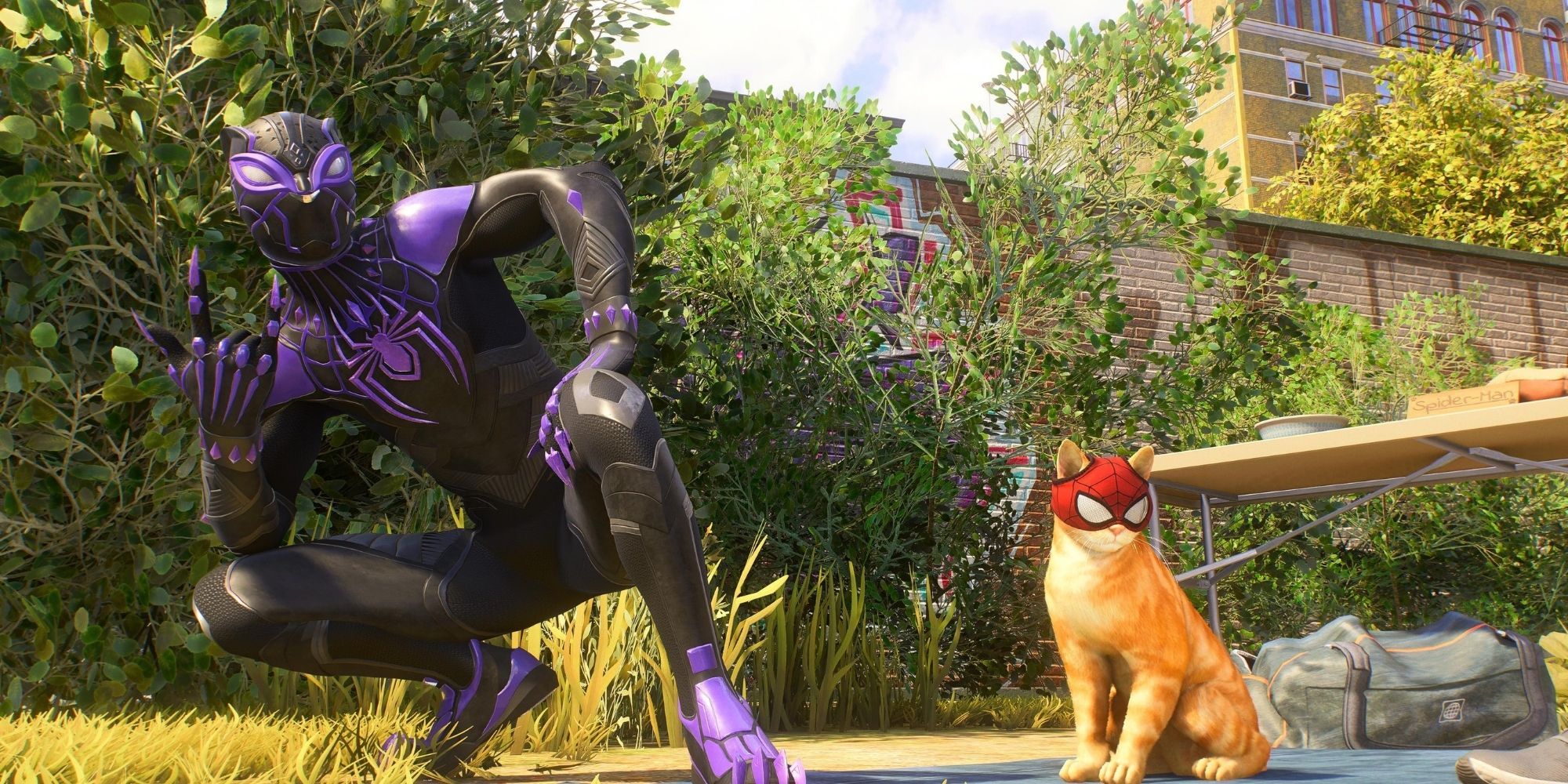 Miles Morales in a Black Panther-inspired suit next to Spider-Cat in Spider-Man 2.