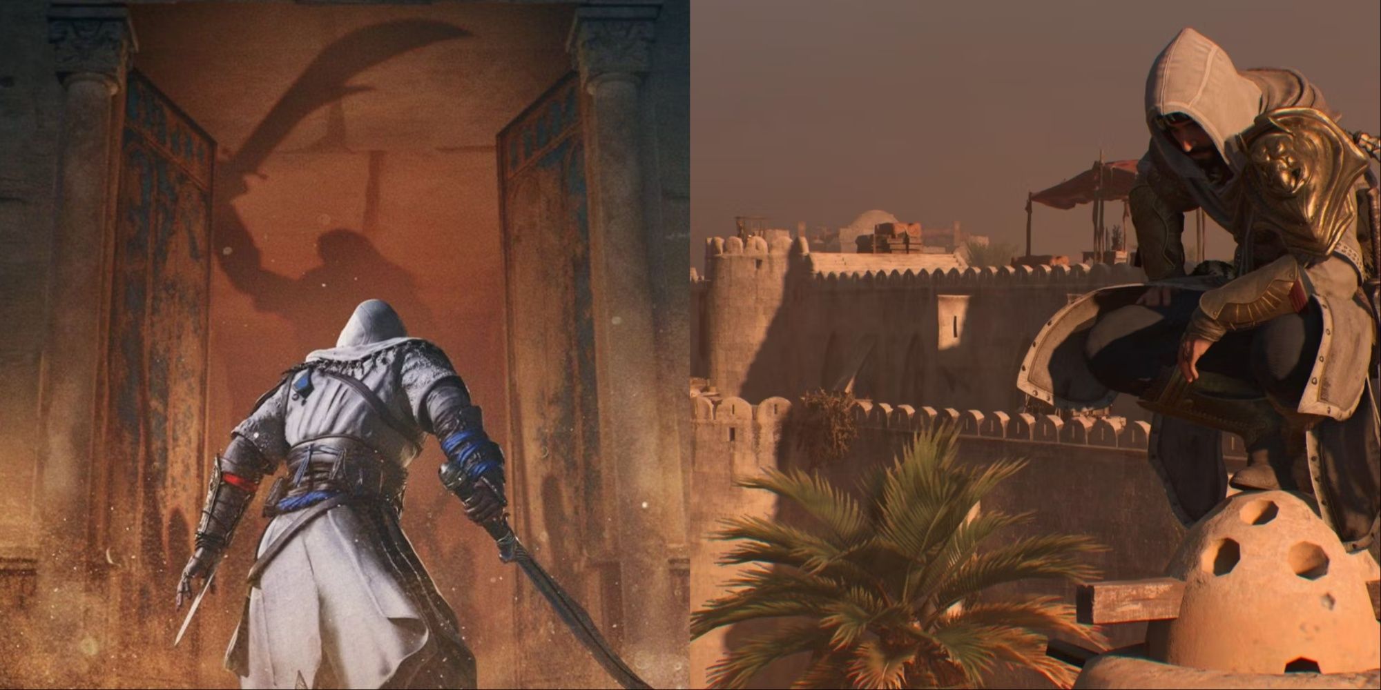 split image basim approaching open gates and enemy, basim perched high above the streets assassins creed mirage