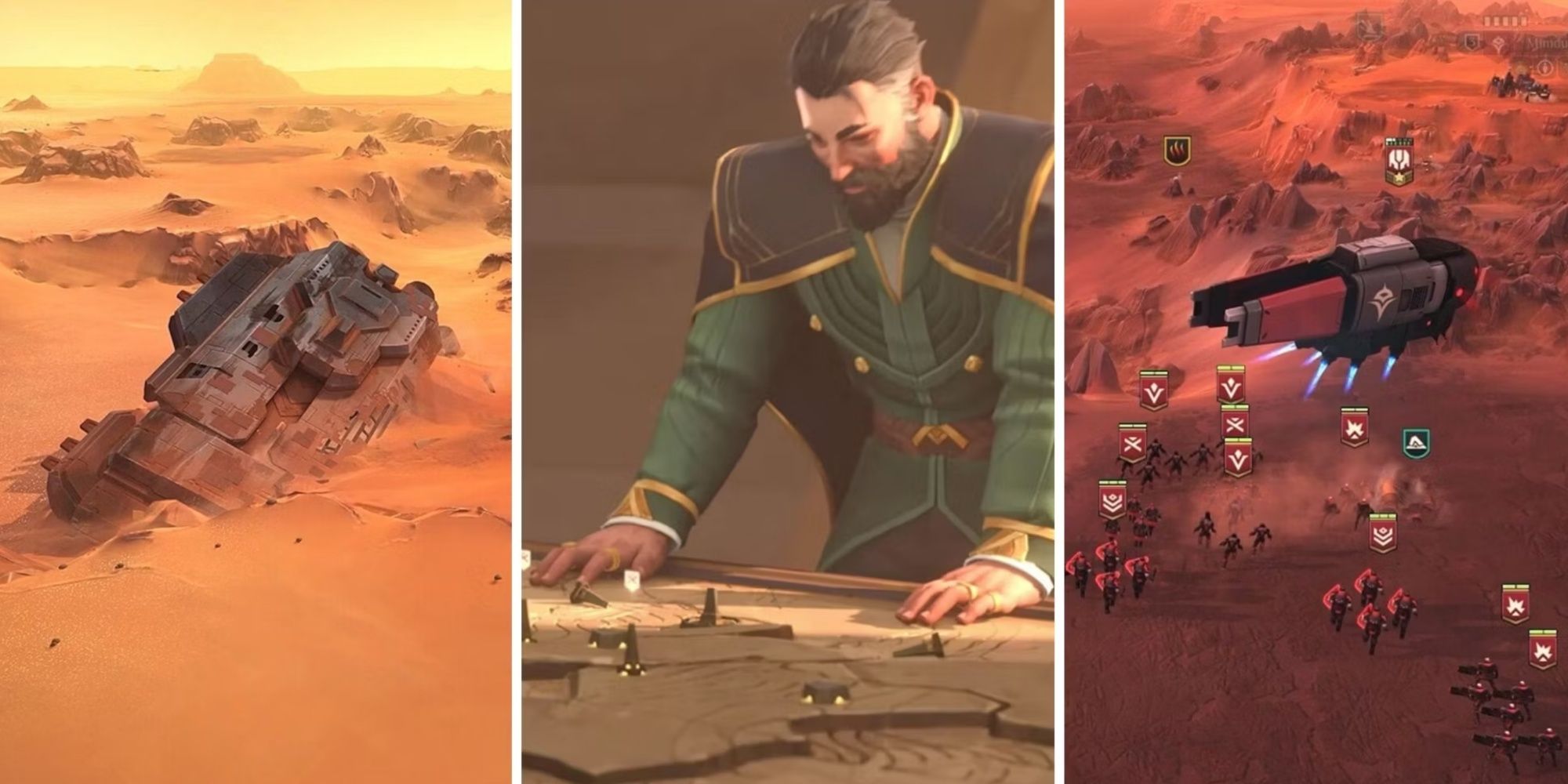 Split Image of Arrakis, a character looking over map, and a battle in Dune Spice Wars.