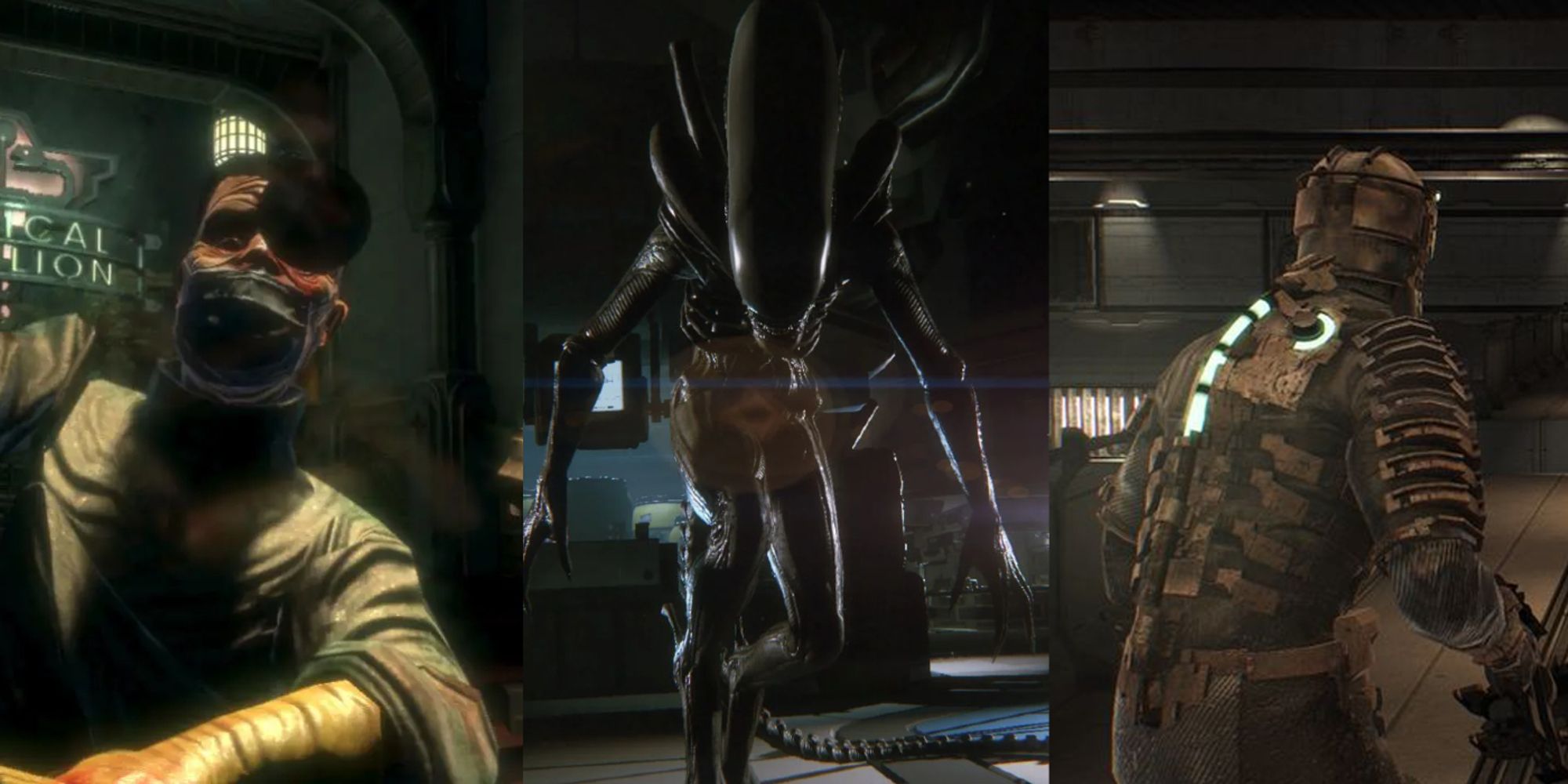 Split Image of Dentist from Bioshock, Xenomorph from Alien Isolation, and Issac Clarke from Dead Space-1