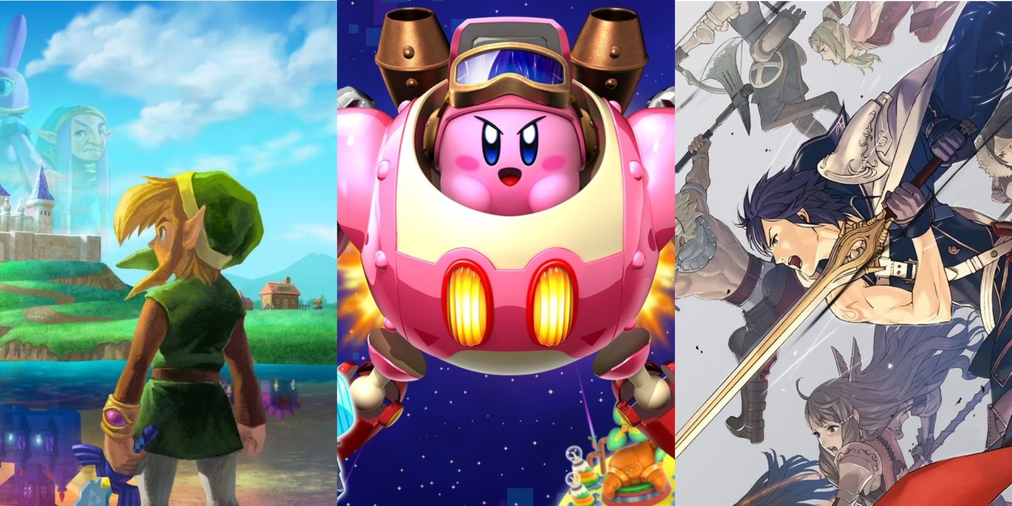 Split images of A Link Between Worlds, Kirby Planet Robobot, and Fire Emblem Awakening