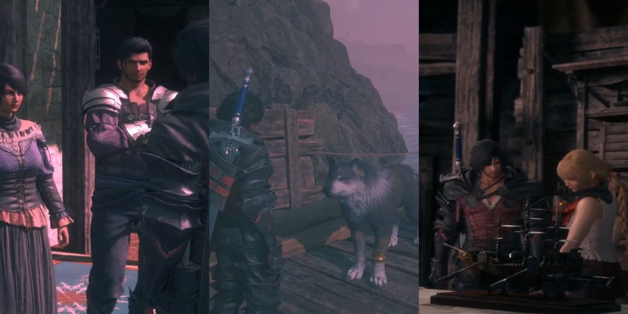 Split images of Eloise, Theo, and Clive; Eloise, Theo, and Clive; and Clive and Mid in Final Fantasy 16.