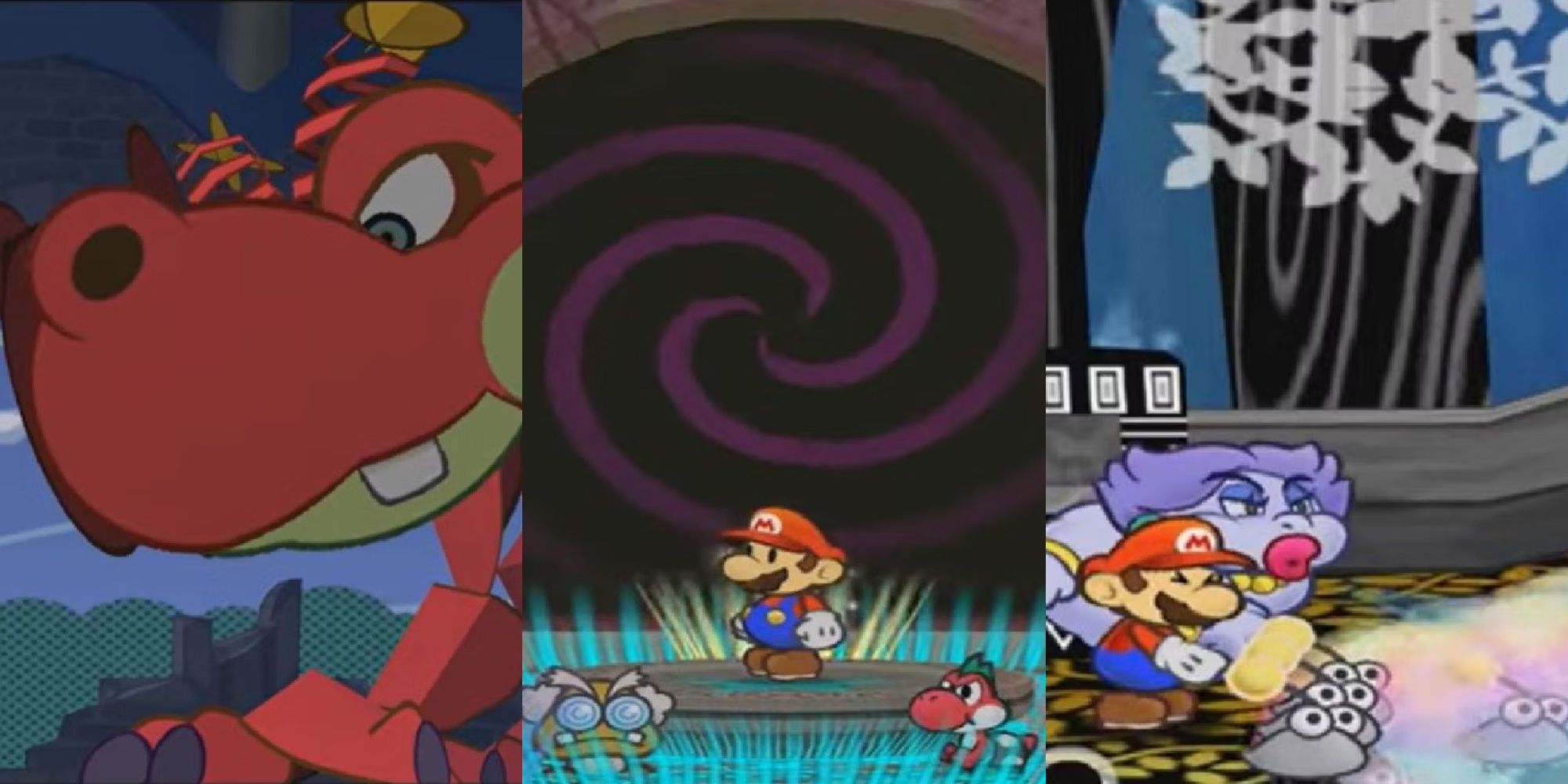 Split images of Hooktail the red dragon, Mario in front of the Thousand Year Door, and Flurrie and Mario in Paper Mario The Thousand Year Door.