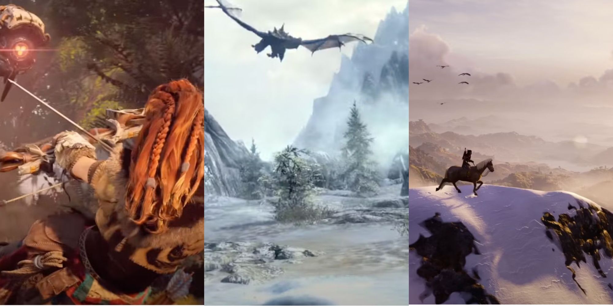 Split images of Horizon Zero Dawn, Skyrim, and Assassin's Creed Odyssey