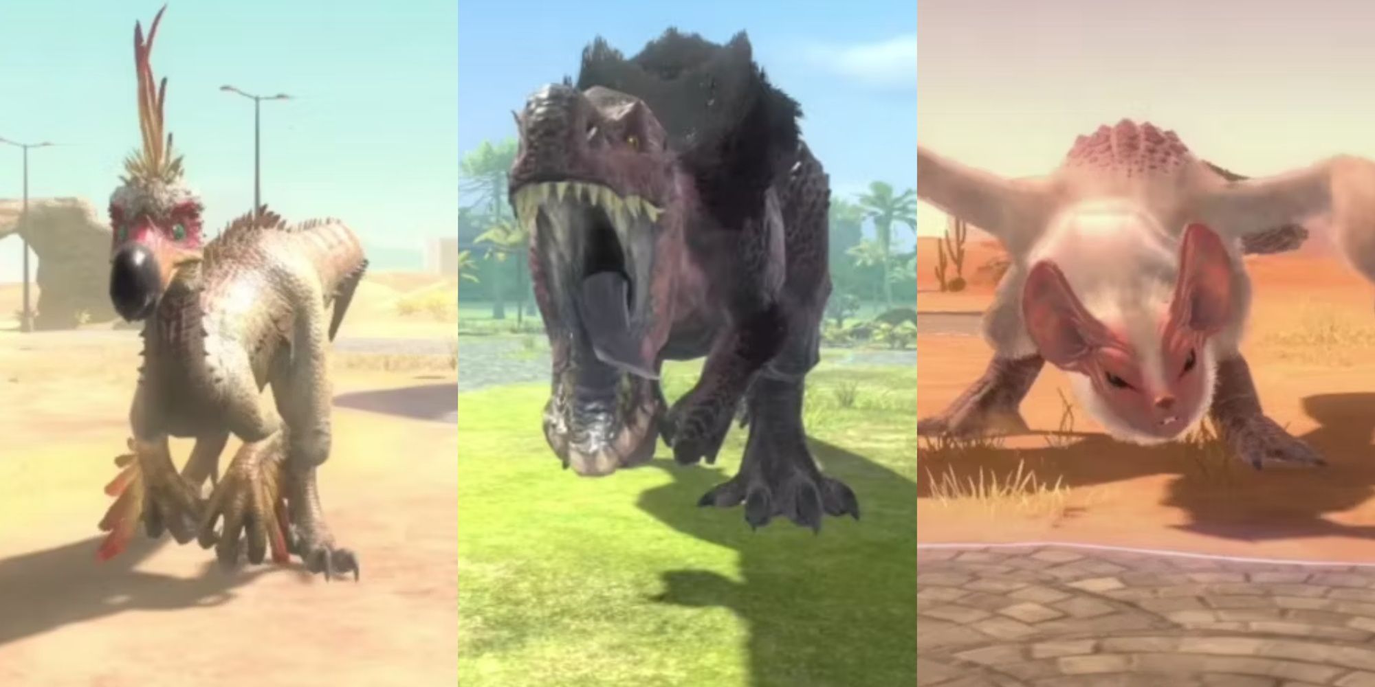 Split images of Kulu Ya Ku, Anjanath, and Paolumu in Monster Hunter Now