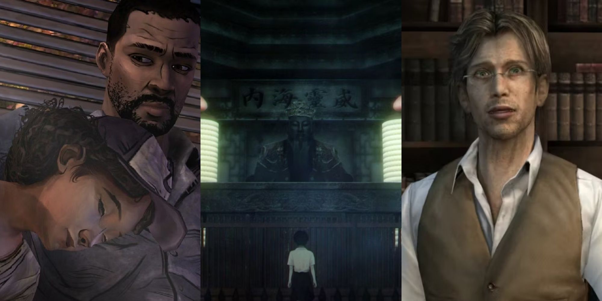 Split images of Lee and Clementine in The Walking Dead, Fang Ray Shin in Detention, and Vincent Smith in Silent Hill 3