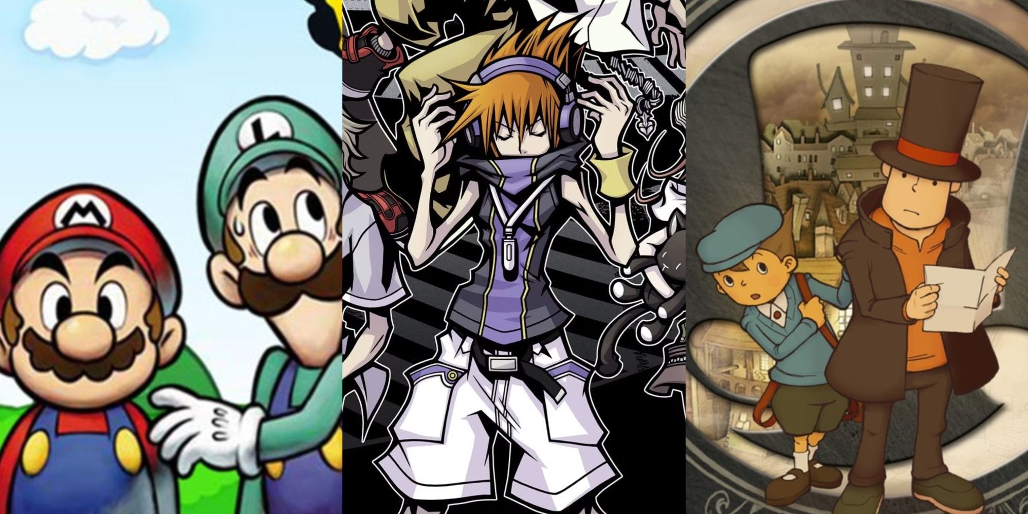 Split images of Mario & Luigi Bowser's Inside Story, The World Ends With You, and Professor Layton and the Curious Village
