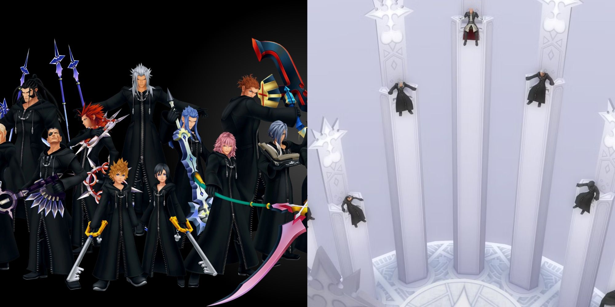 Split images of Organization 13 and the Real Organization 13 in Kingdom Hearts