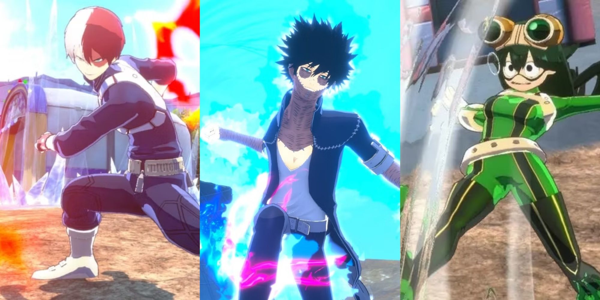 Split images of Shouto Todoroki, Dabi, and Tsuyu Asui in My Hero Ultra Rumble