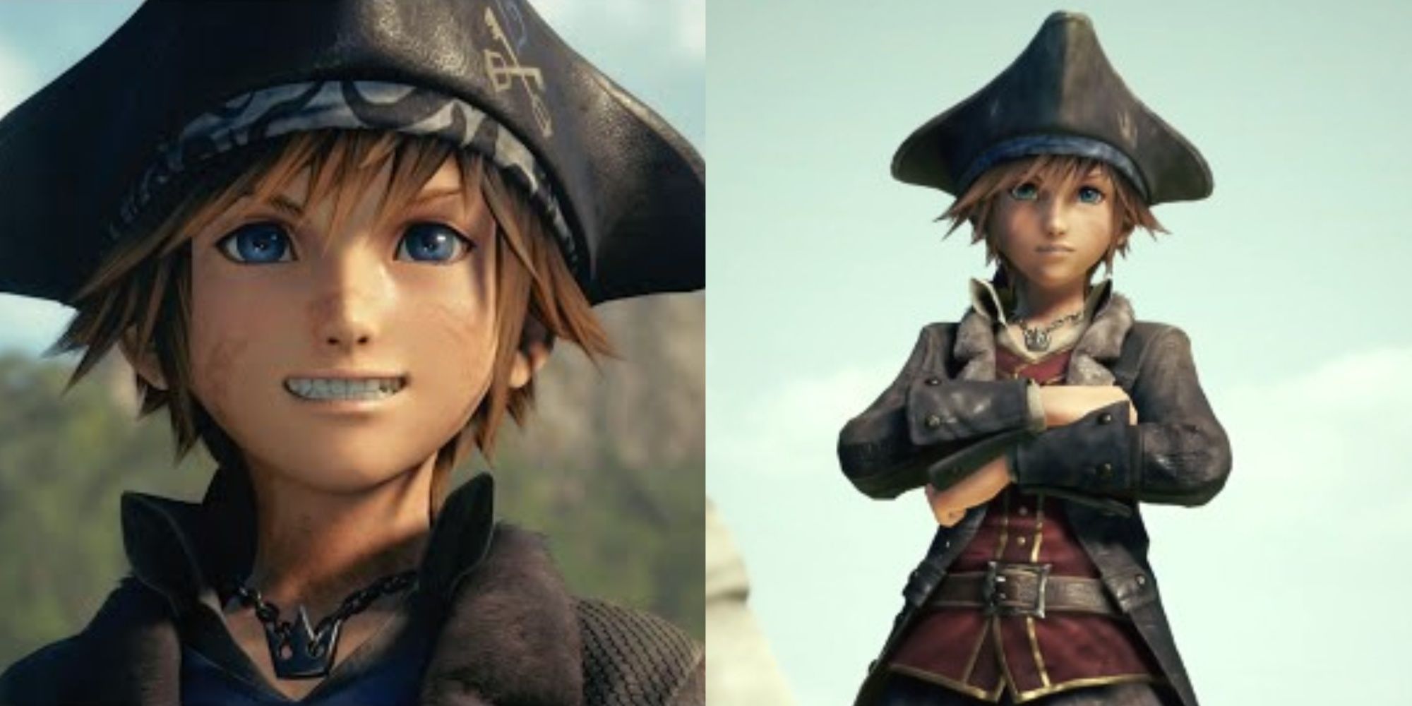 Split images of Sora as a pirate in Kingdom Hearts 3