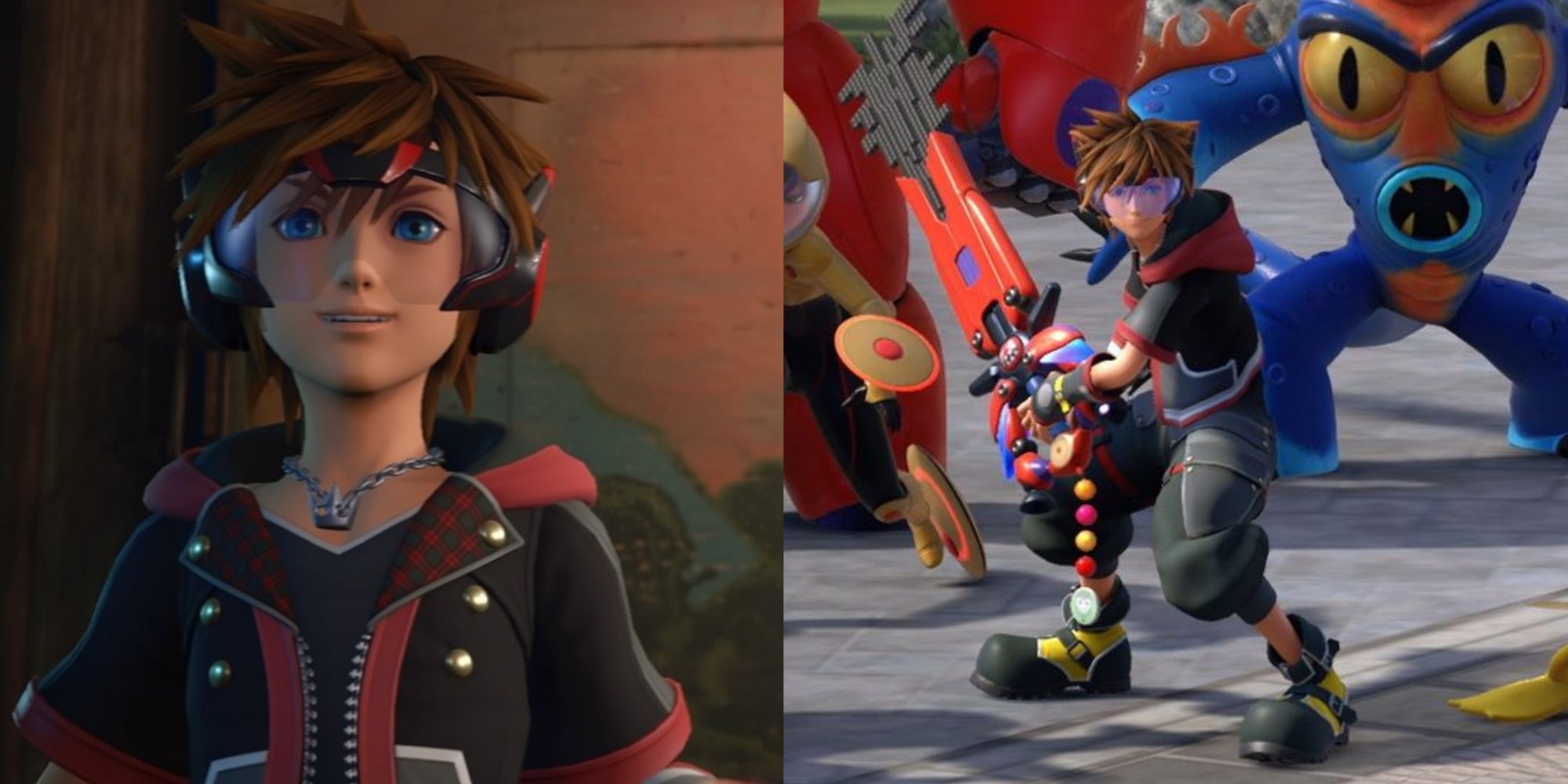 Split images of Sora in his San Fransokyo outfit in Kingdom Hearts 3