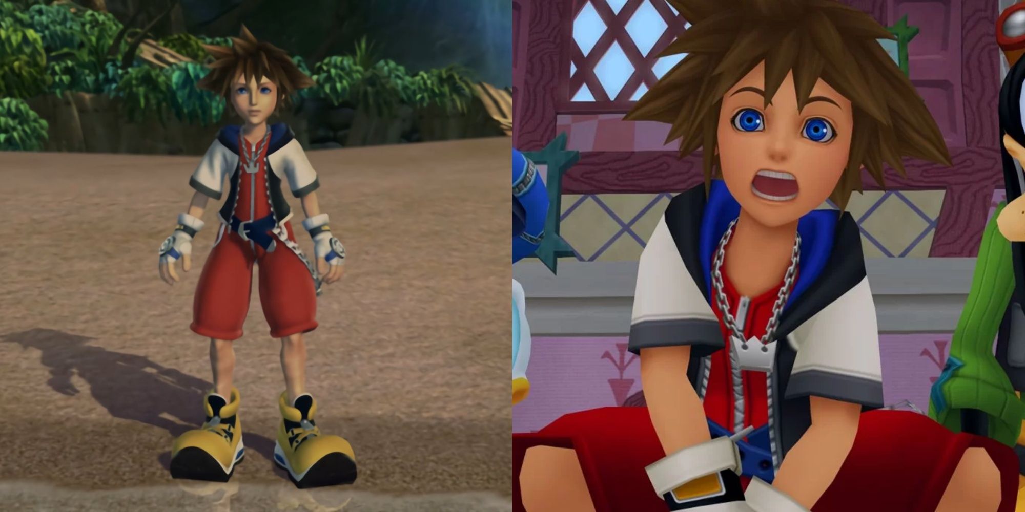 Split images of Sora in the Kingdom Hearts opening and in Wonderland