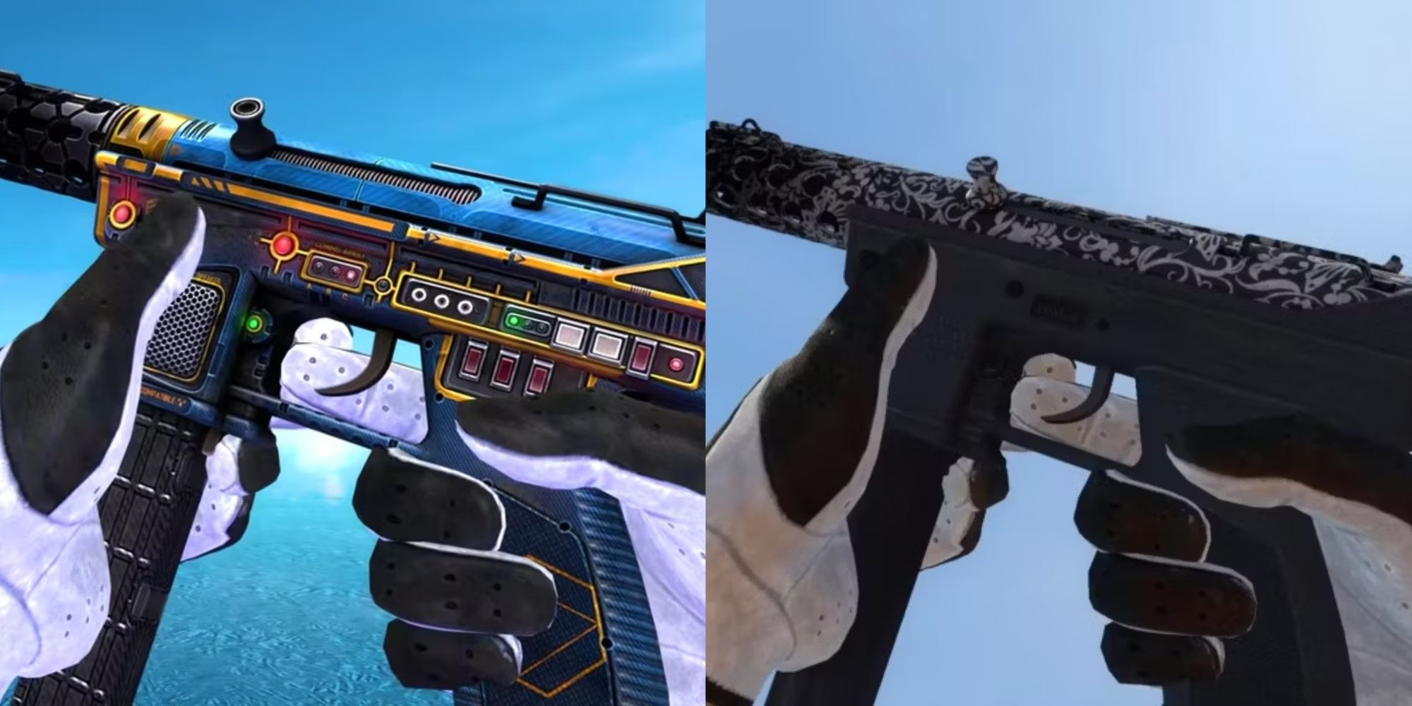 Split images of the Tec 9 Remote Control and Cut Out skins in Counter Strike 2.