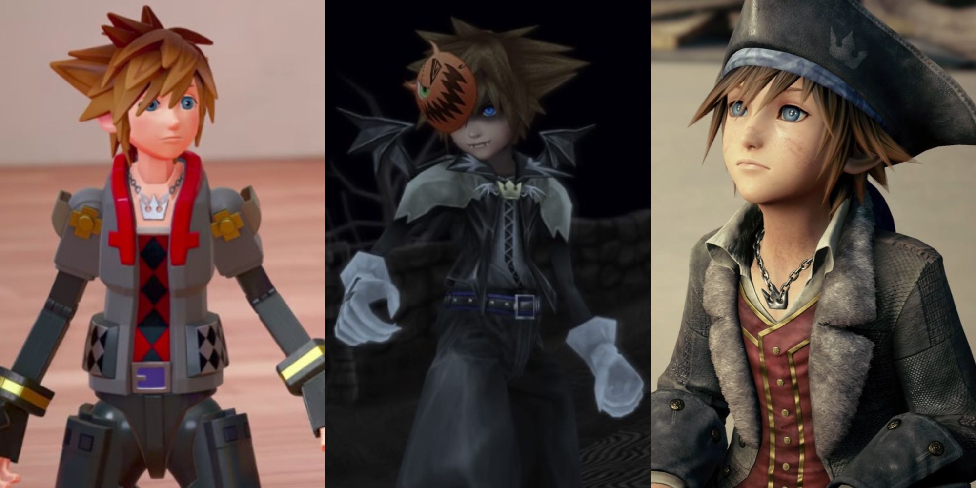 Split images of Toy Box Sora in Kingdom Hearts 3, Halloween Town Sora in Kingdom Hearts 2, and Pirate Sora in Kingdom Hearts 3
