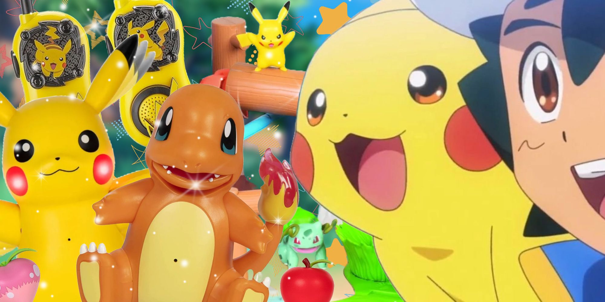 Ash and Pikachu look excitedly towards Pokemon figures, toy sets, and  Pikachu walkie talkies.