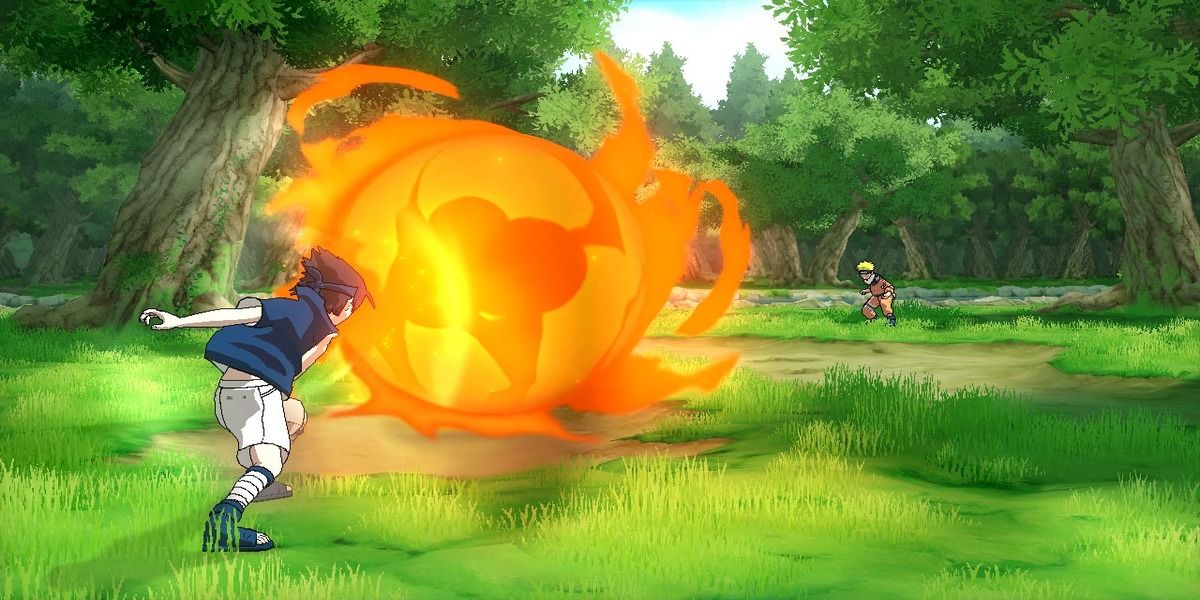 Sasuke throwing a giant fireball against Naruto.