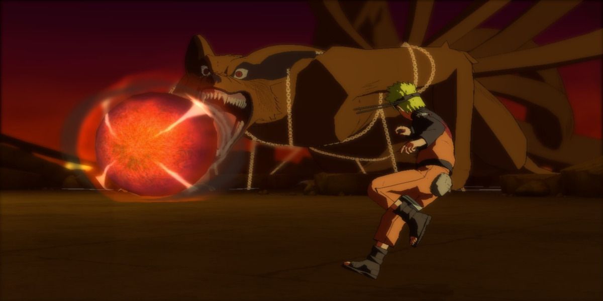 Naruto trying to dodge a giant fireball from the Nine-Tails Fox.