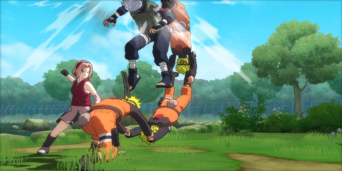 Naruto attacking Kakashi in the air with his shadow clones while Sakura is preparing a punch.
