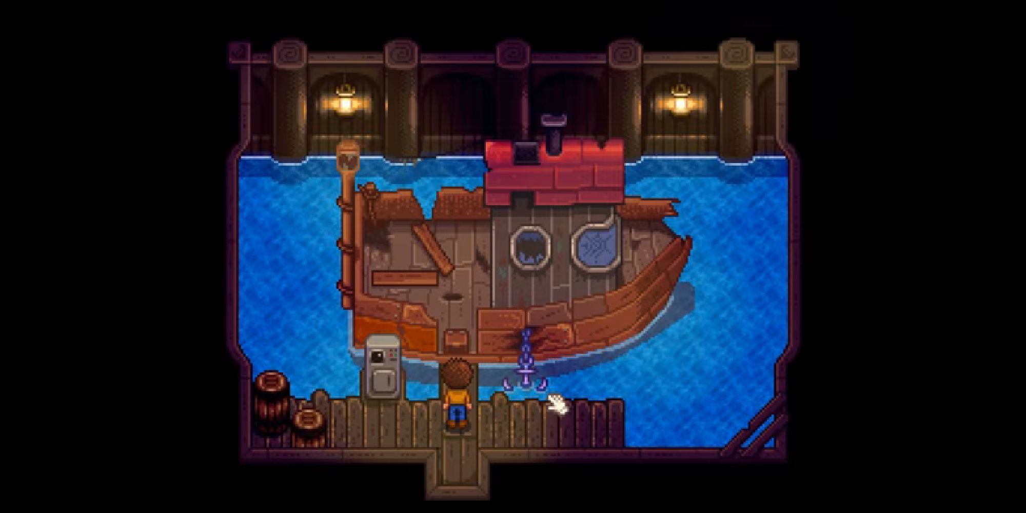 stardew island boat to ginger island with player standing nearby