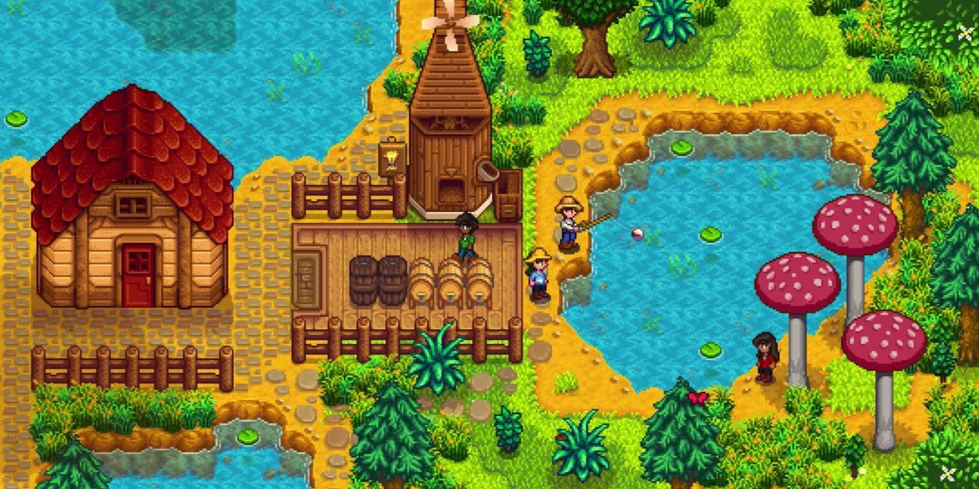 Stardew Valley - The farmer fishing next to a pond