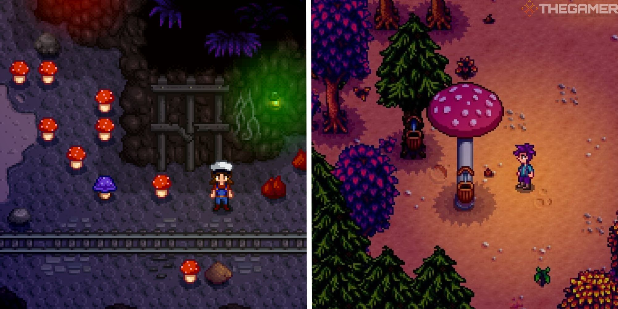 stardew valley mushroom guide split image showing player in mines with mushrooms next to image of player near a mushroom tree with a tapper