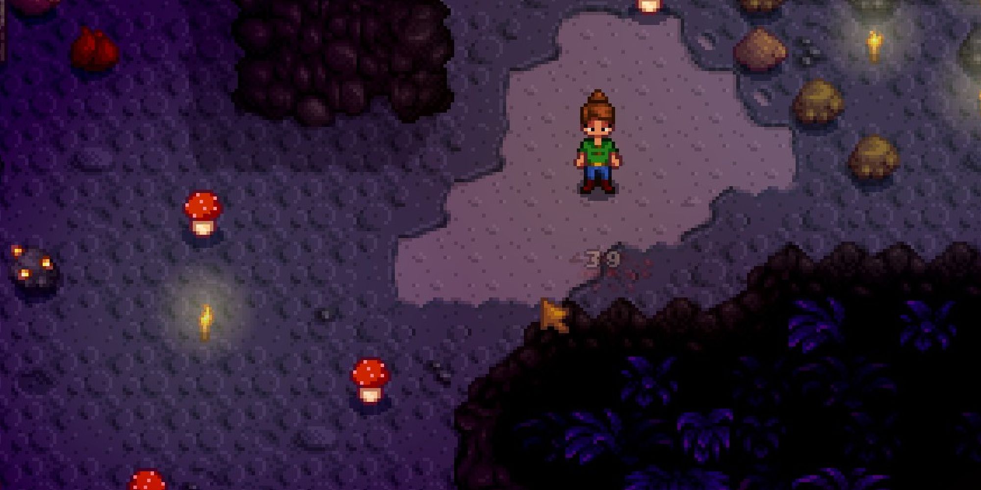 stardew valley player in cave with red mushrooms