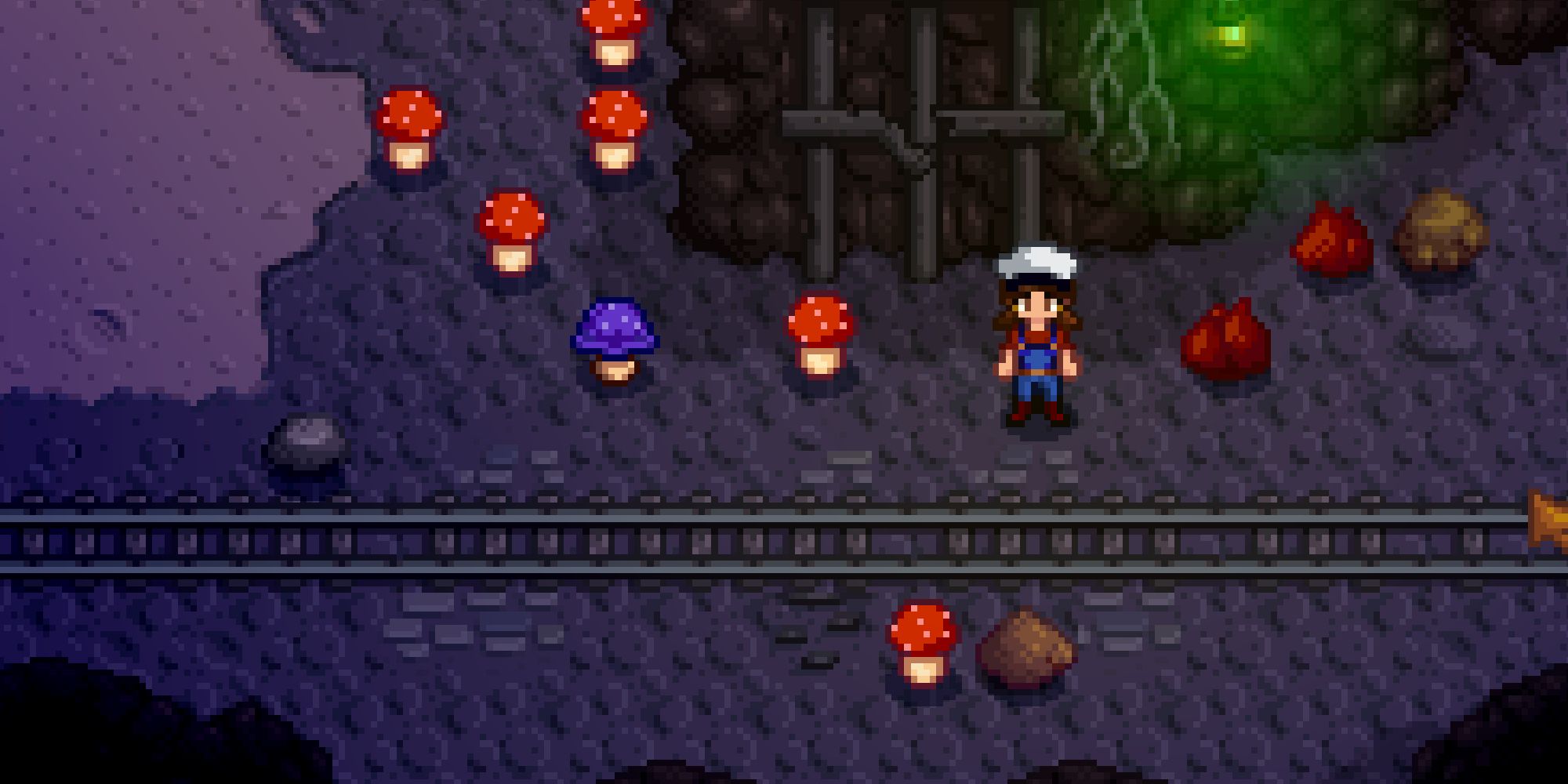 stardew valley player standing near red and purple mushrooms