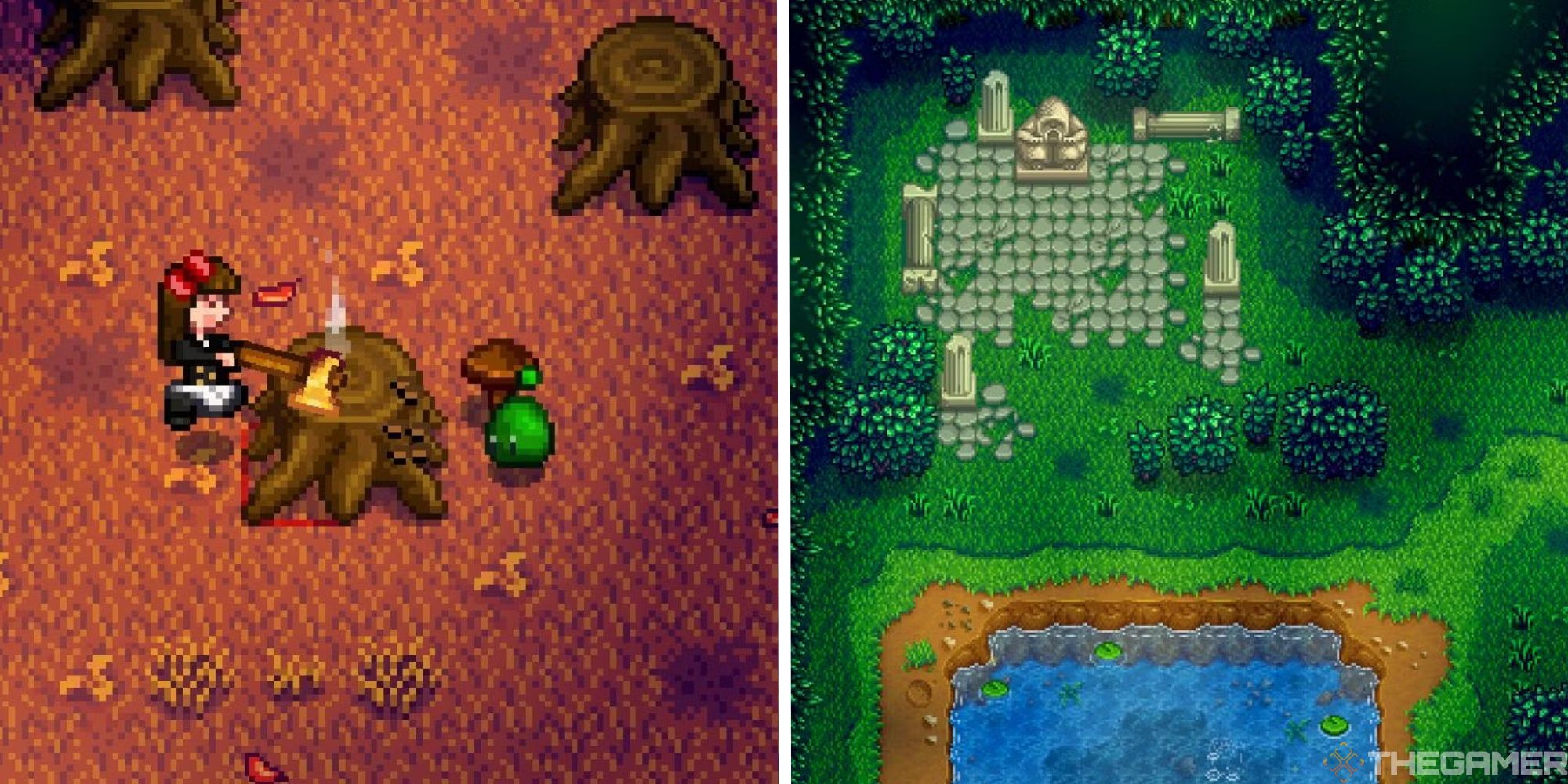 stardew valley secret woods split image showing player chop a stump next to image of zoomed out view of secret woods