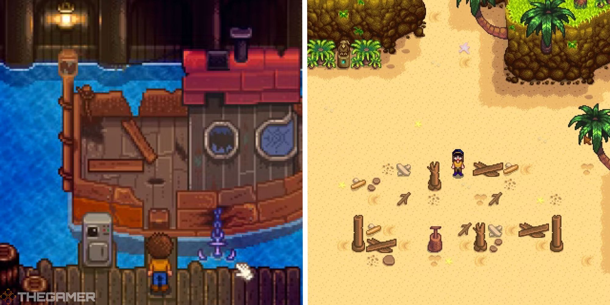 stardew valley split image showing willys boat next to image of player on south beach of ginger island