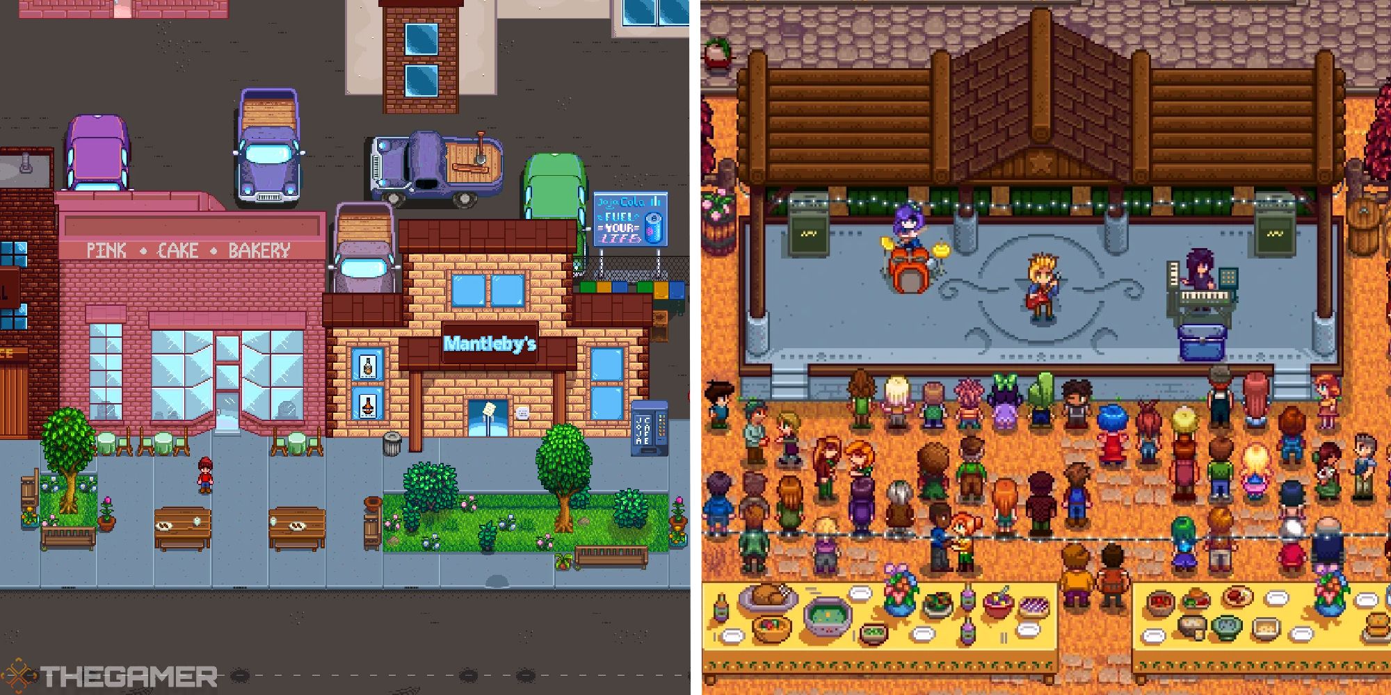 stardew valley split imge showing downtown zuzu mod next to image of ridgeside village mod showing sams band play at a festival
