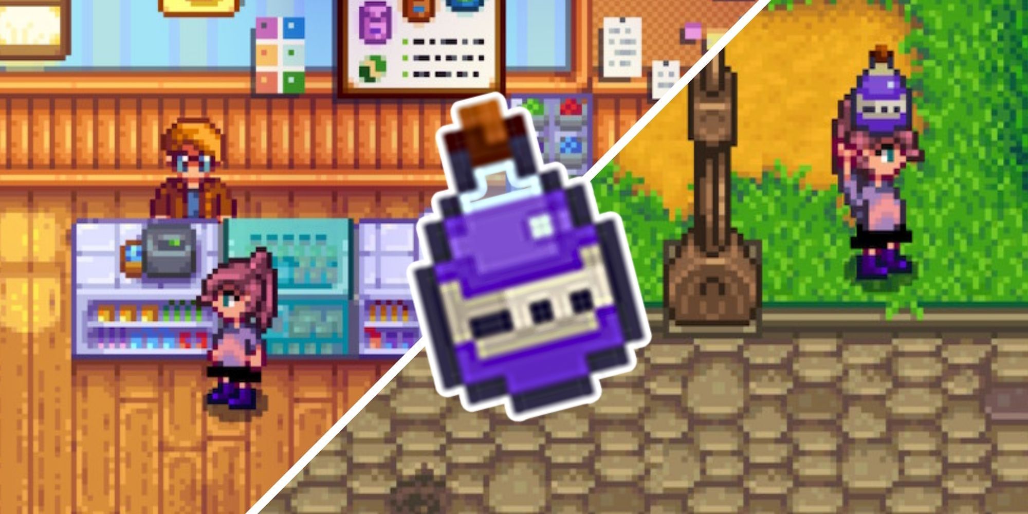 Split image showing Pierre's General Store and Stardew Valley player holding vinegar
