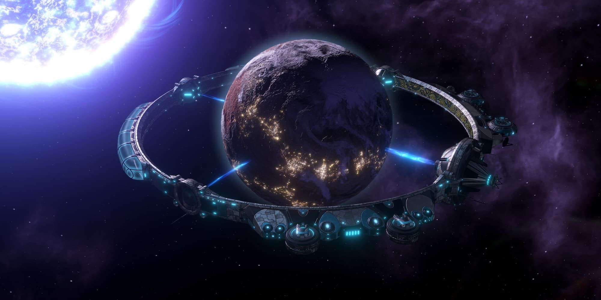 A planet is surrounding by a ring-shaped space station in Stellaris.