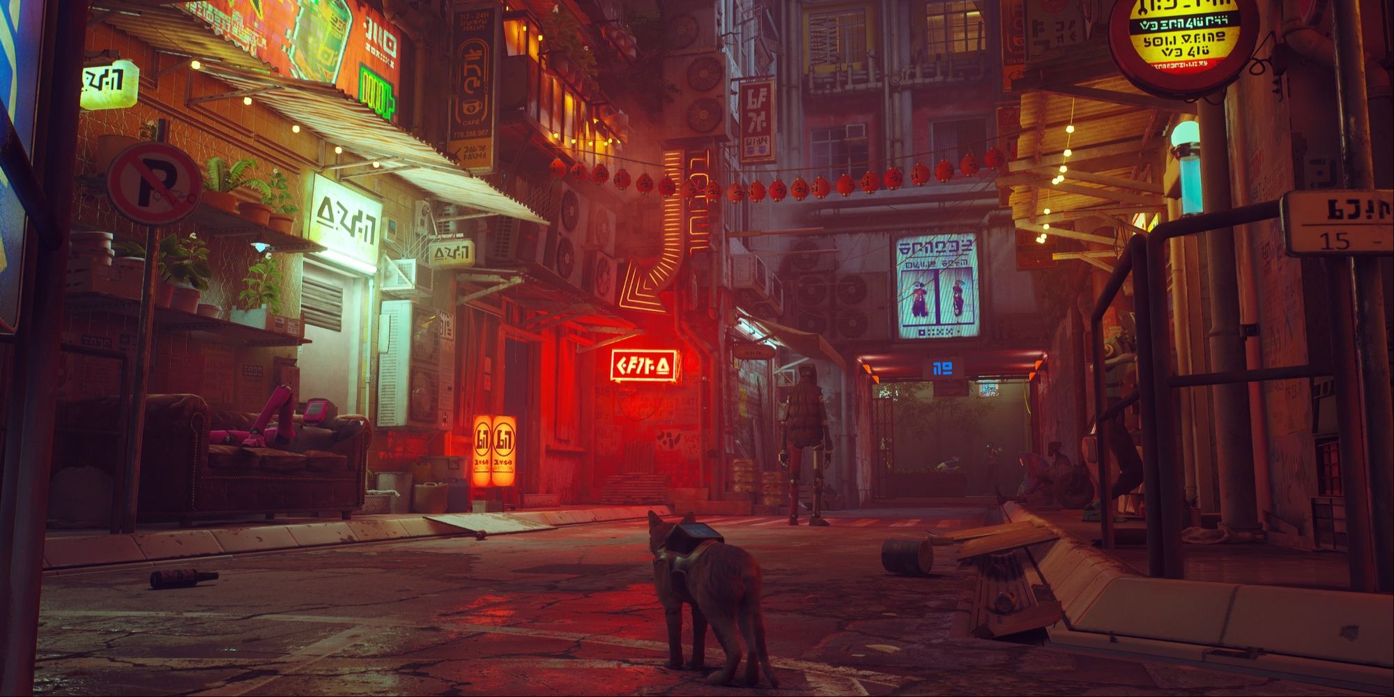 Ginger stray tabby cat roaming the neon-lit streets of a dystopian city.