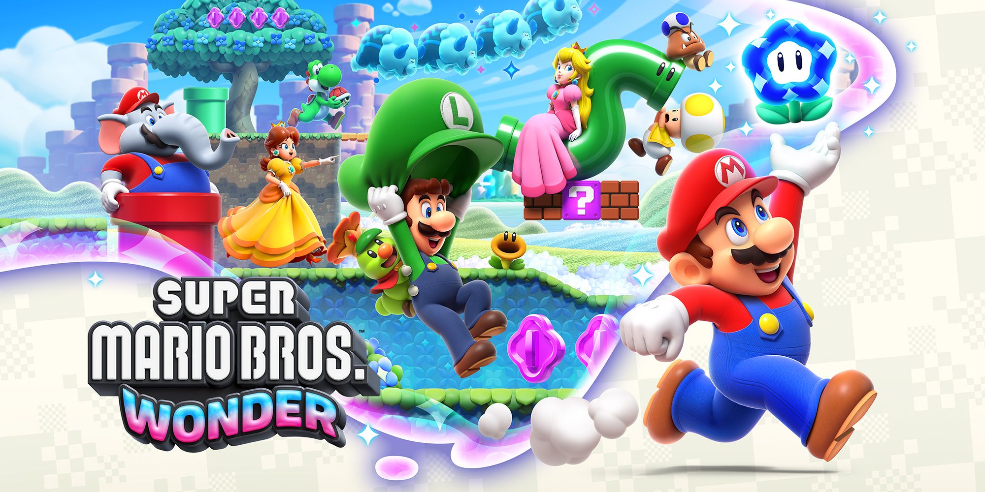 Super Mario Bros. Wonder cover art showing the playable cast running to the right