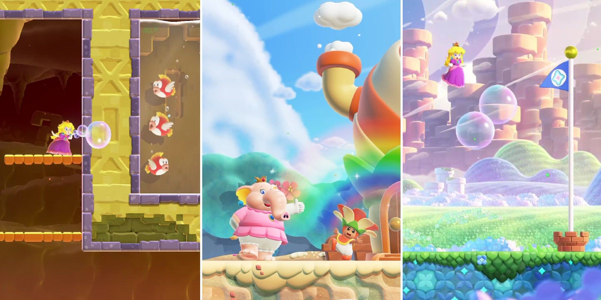Super Mario Wonder Collage showing Peach with different powers, Bubble and Elephant