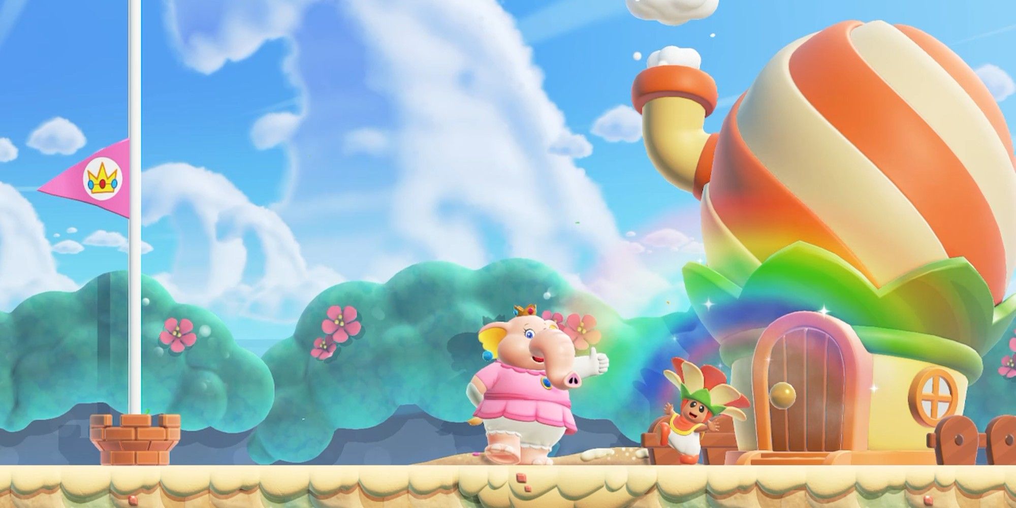 Super Mario Wonder Peach with Elephant power watering a villager