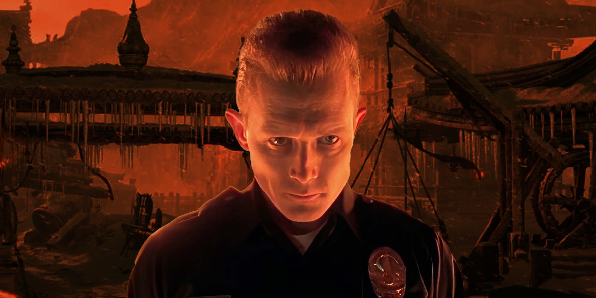 T-1000 in police uniform standing in front of a Mortal Kombat 1 stage