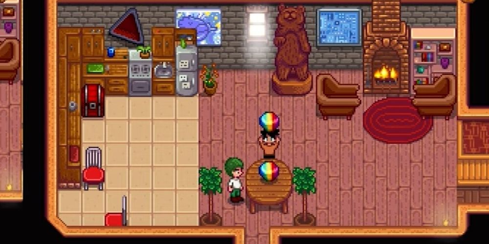 Stardew Valley Two Players Facing A Table Indoors Holding A Prismatic Shard