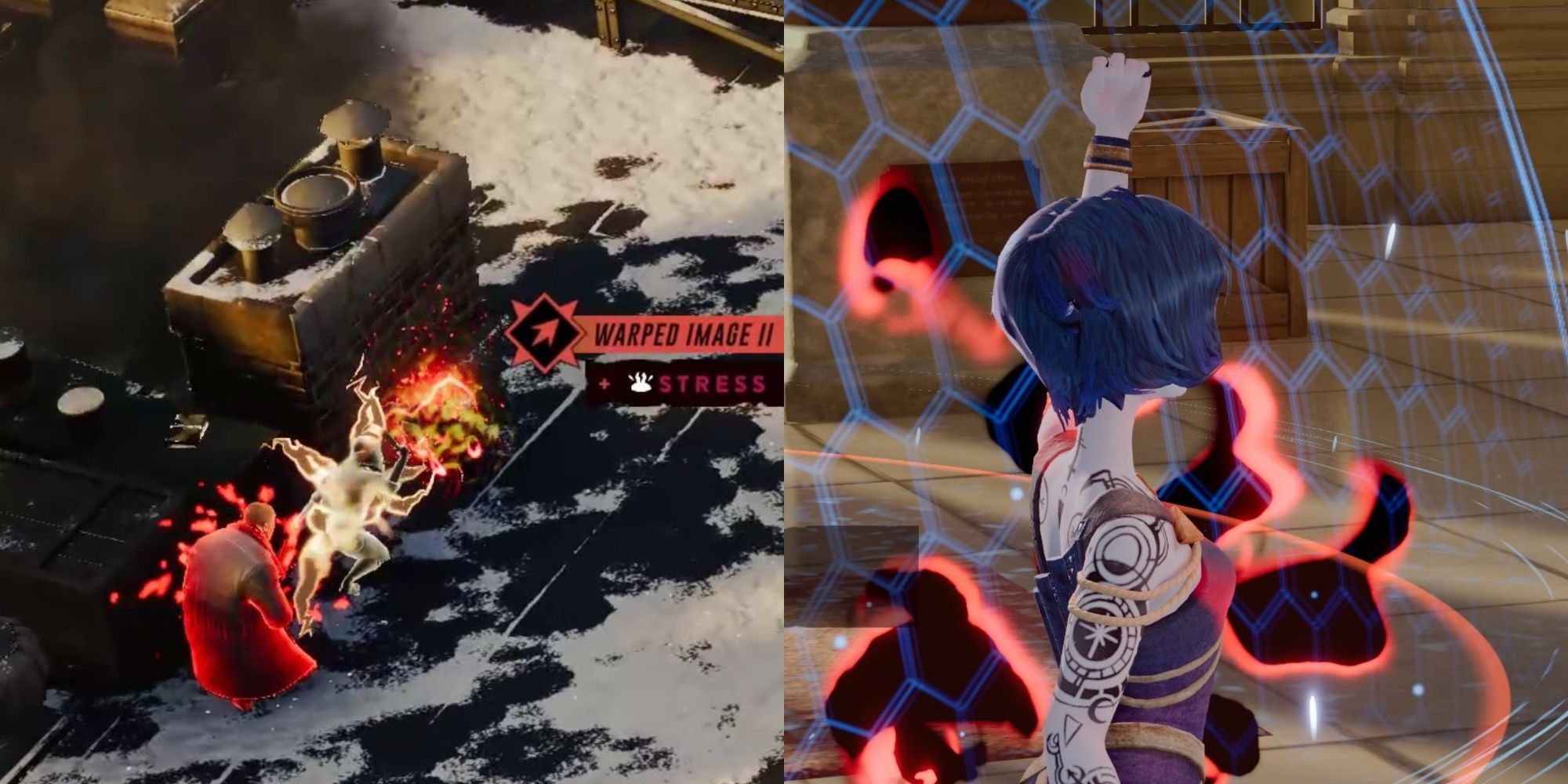 Left: Fedir Rages ( red, left), an enemy skirmisher falls under attack because of Warped Image (white, center), another skirmisher attacks their ally and Stress Breaks because of Warped Image (right, orange) / Right: Celestine casts her Mesmerize signature, which surrounds her with red-black flames