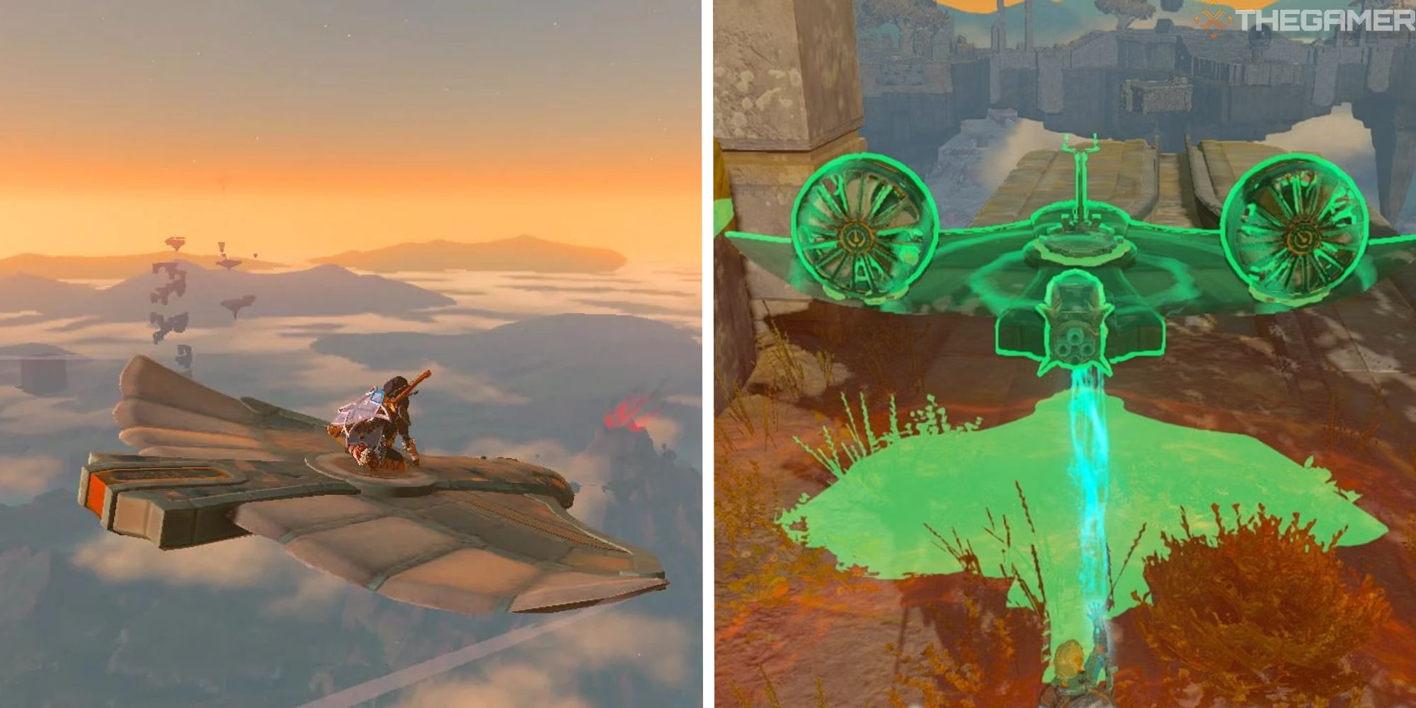 tears of the kingdom split image showing player ride a zonai wing next to image of player placing a fanplane