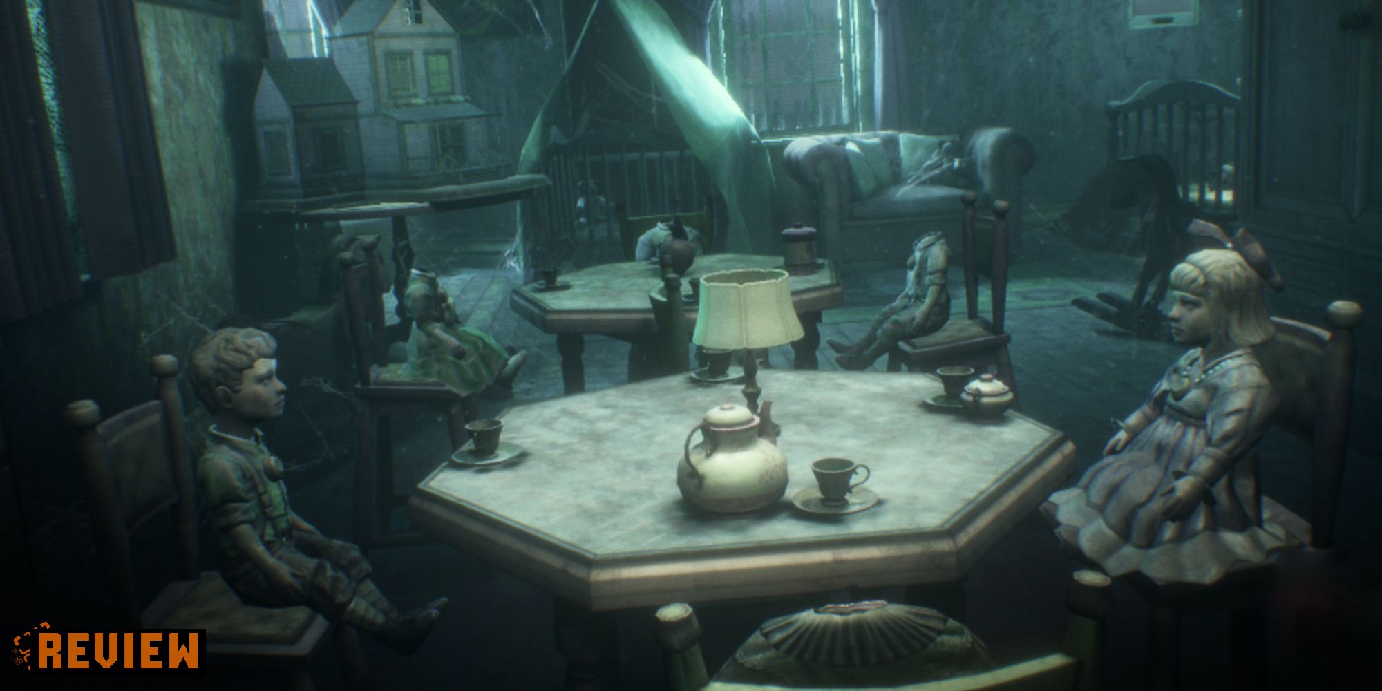 The 7th Guest VR Review Image, showing a dusty forgotten playroom with many dolls having a tea party