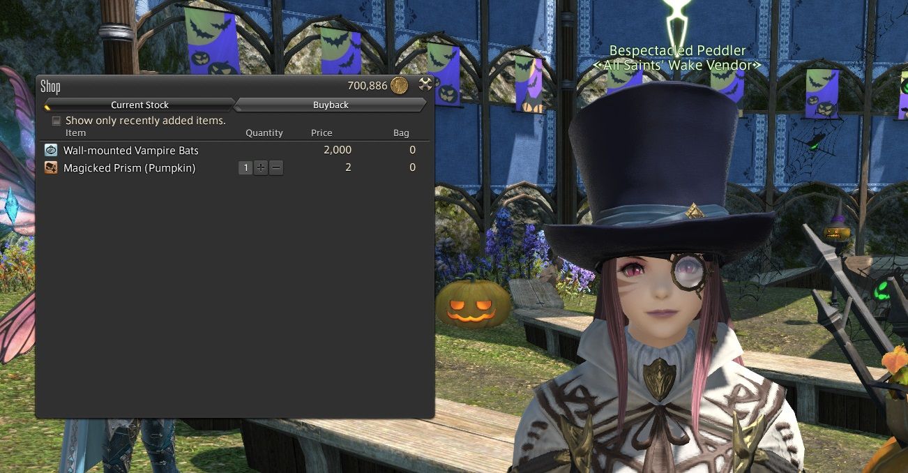 The Bespectacled Peddler with their All Saints Wake wares in Final Fantasy 14.