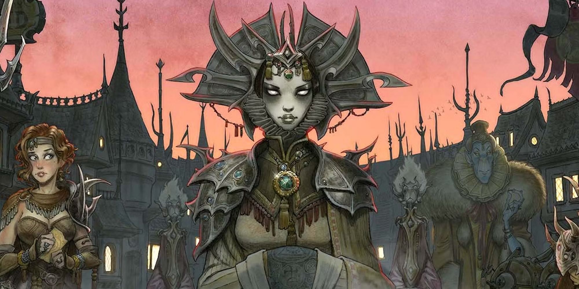 The Dungeons & Dragons Lady of Pain from Planescape walks through town against a red and orange sky - art by Tony DiTerlizzi