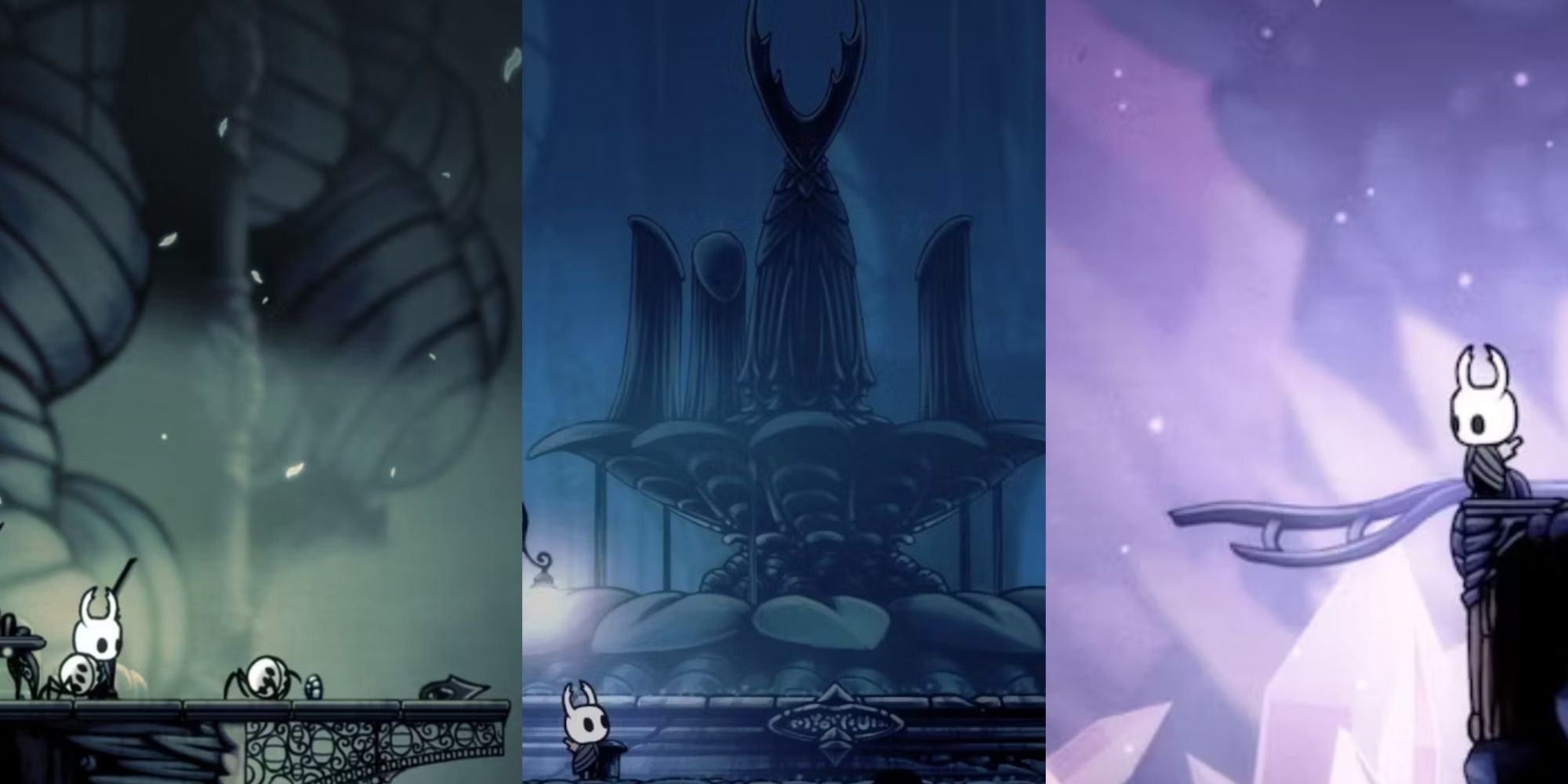 The Knight in Kingdom's Edge, City of Tears, and Crystal Peak in Hollow Knight