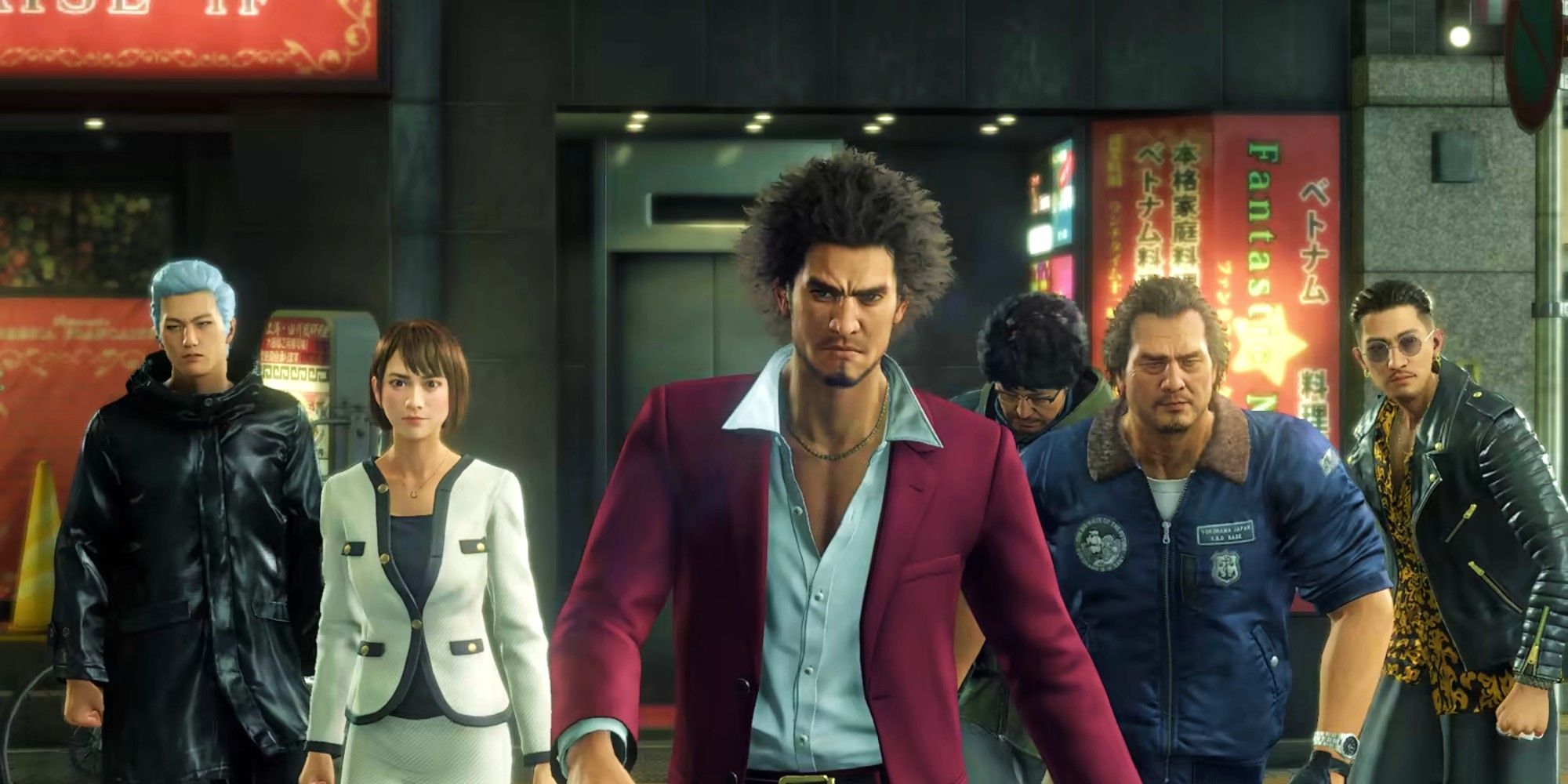 The main cast of Yakuza: Like A Dragon looks directly at the camera.