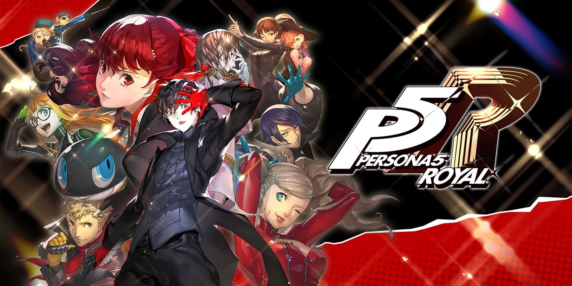 Persona 5 Royal - Joker, Ann, Morgana, and the rest of the main cast posing on a red background