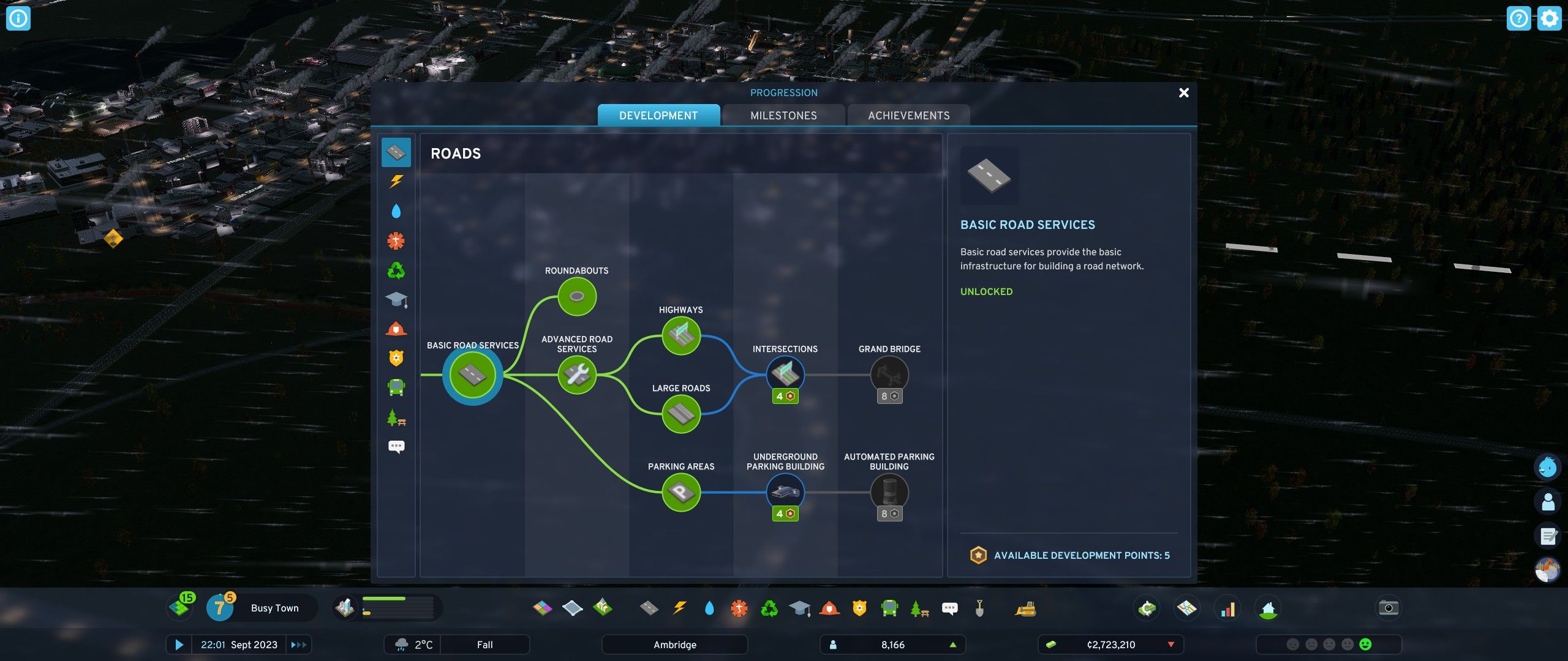 The roads tab of the development menu in Cities Skylines 2