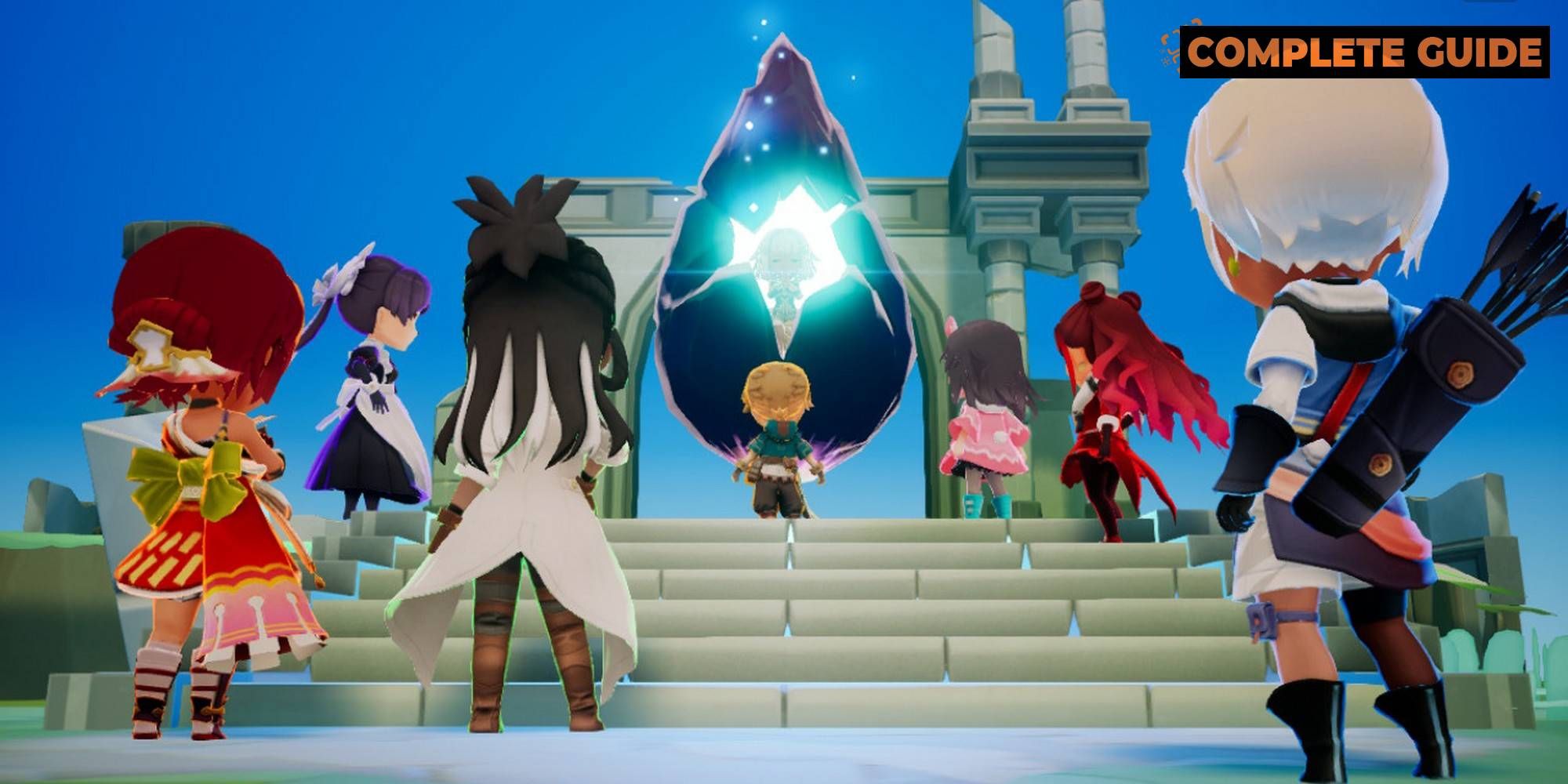 the seven heroes looking at the princess in her great crystal silent hope guide