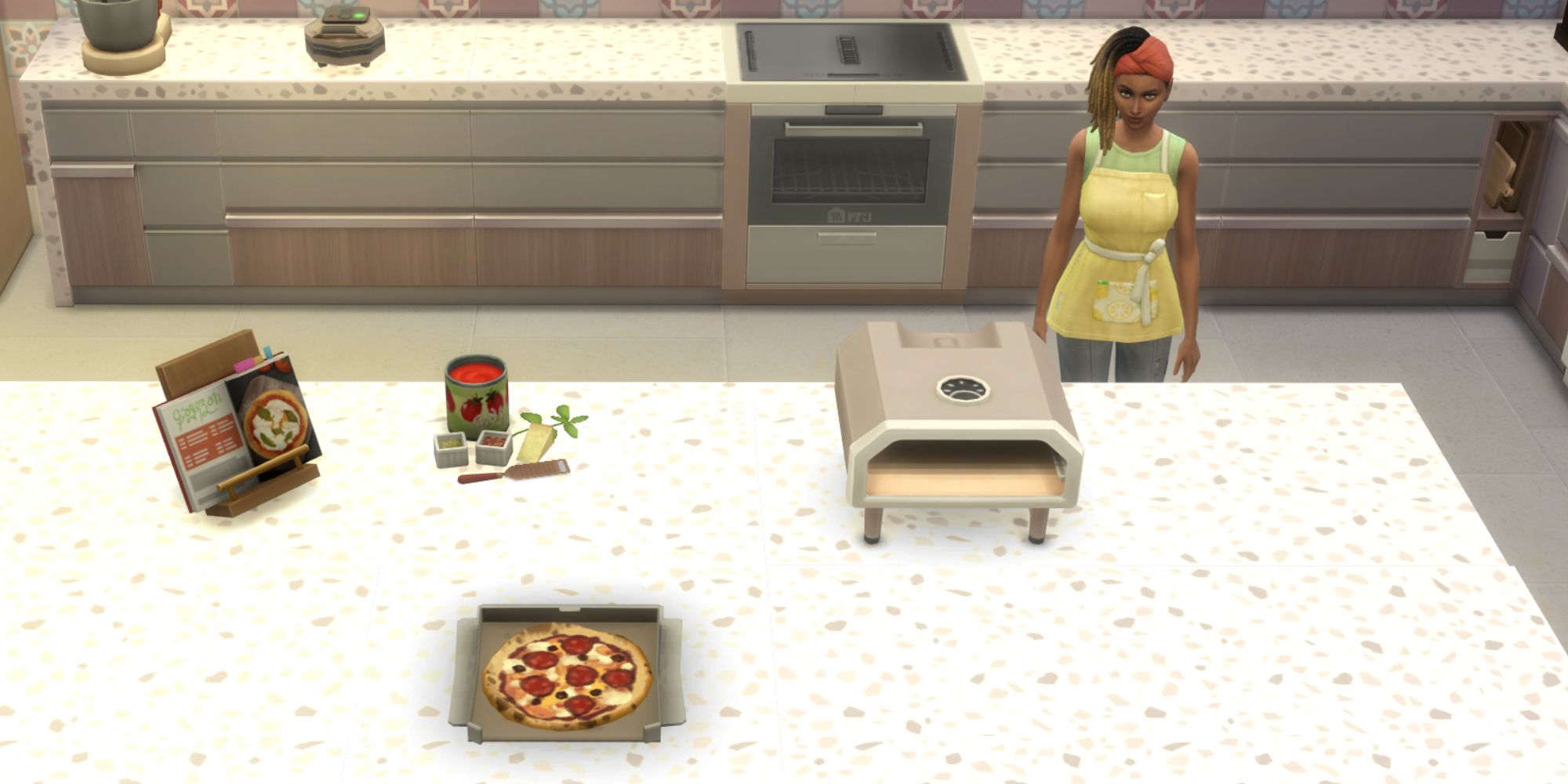 The Sims 4 HCH caliente pizza on a counter with a sim behind it