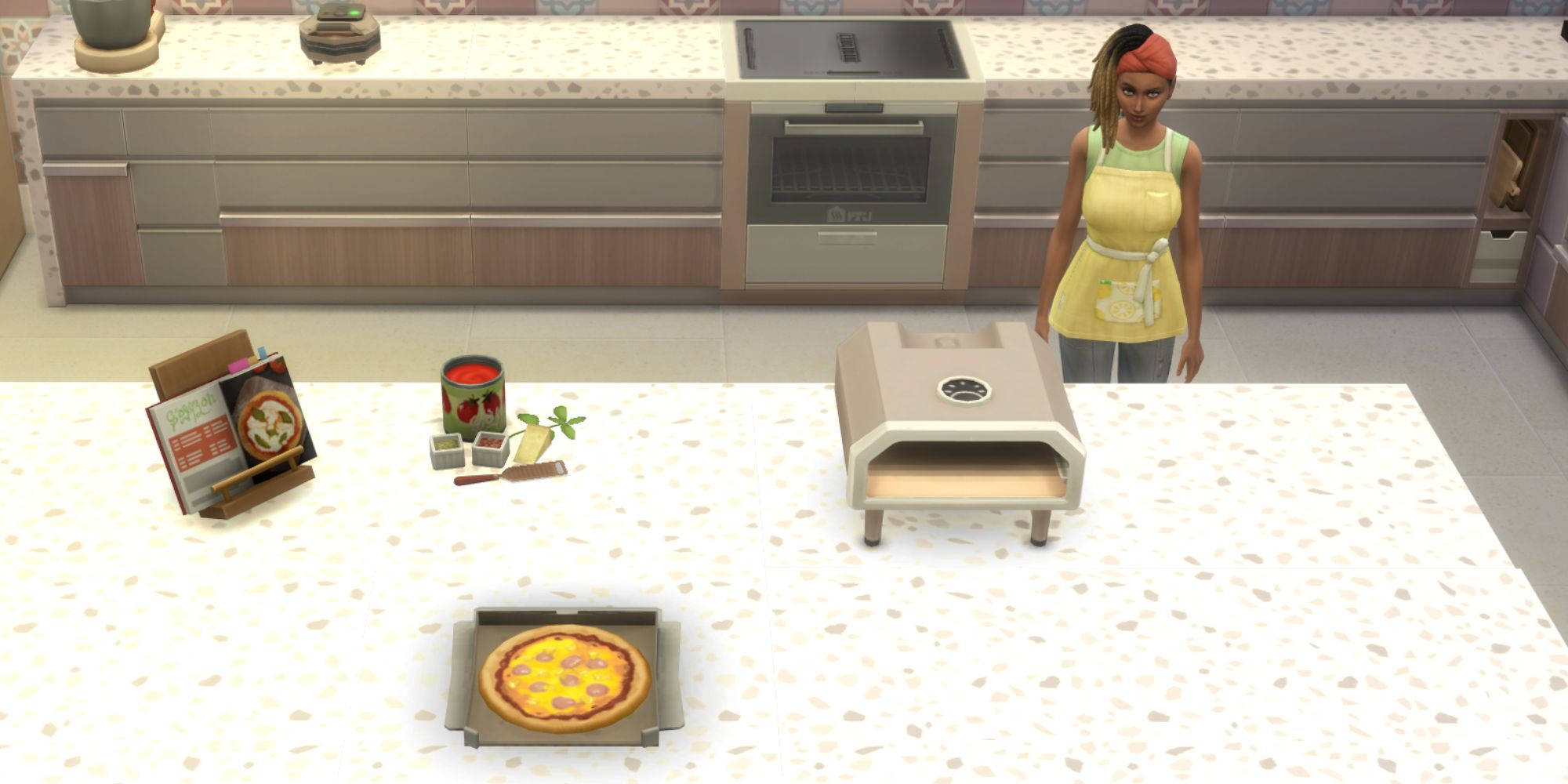 The Sims 4 HCH canadian bacon pizza on a counter with a sim behind it